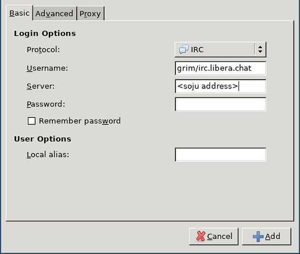 screen shot of account creation with a username of grim/irc.libera.chat and a servername of <soju address>