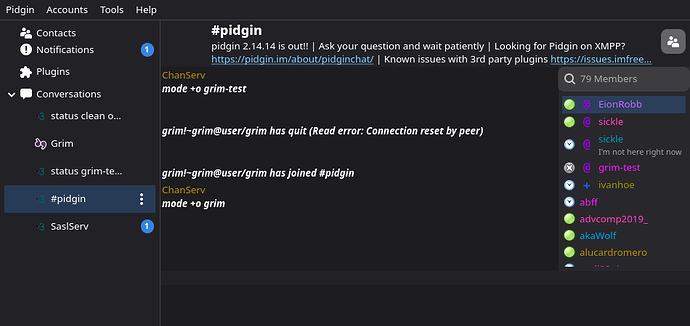 an example channel with presence messages in the member list and better color computation