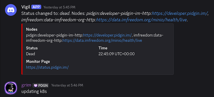 discord messages showing the initial down notification and me saying I was updating kubernetes