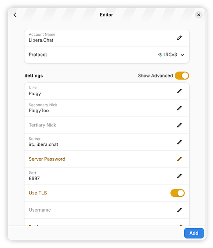 The new account editor for an irc account with the advanced settings visible