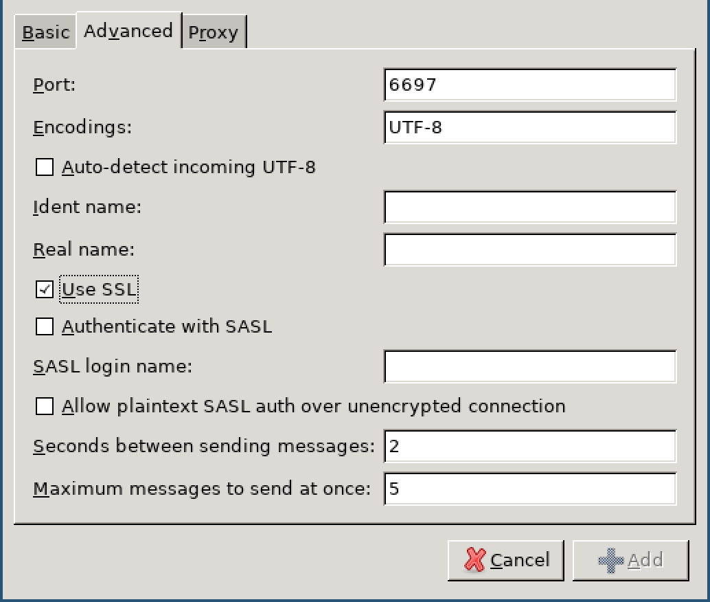 screen shot of the advanced account settings changing the port to 6697 and enabling TLS